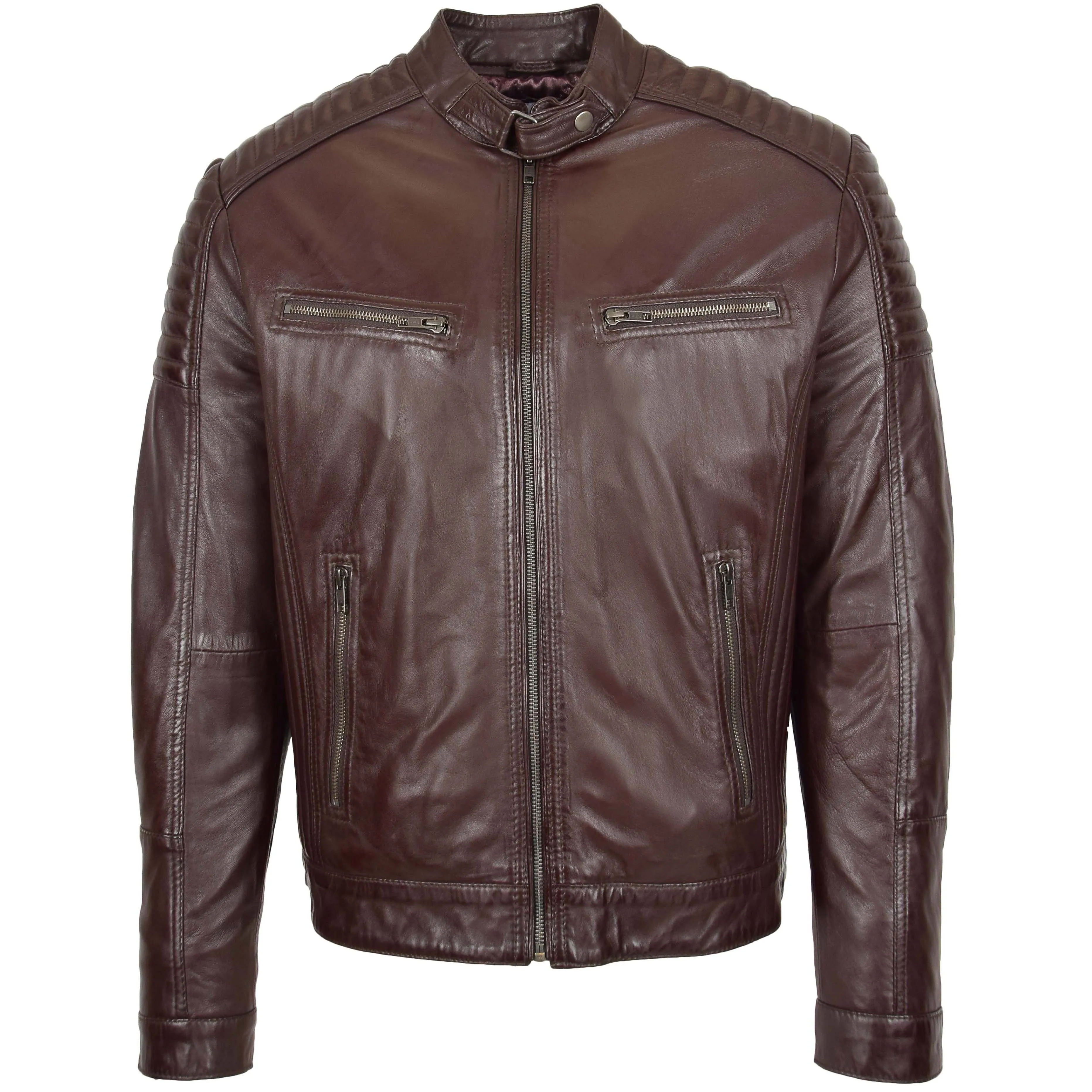 Mens Leather Cafe Racer Biker Jacket Ron Brown