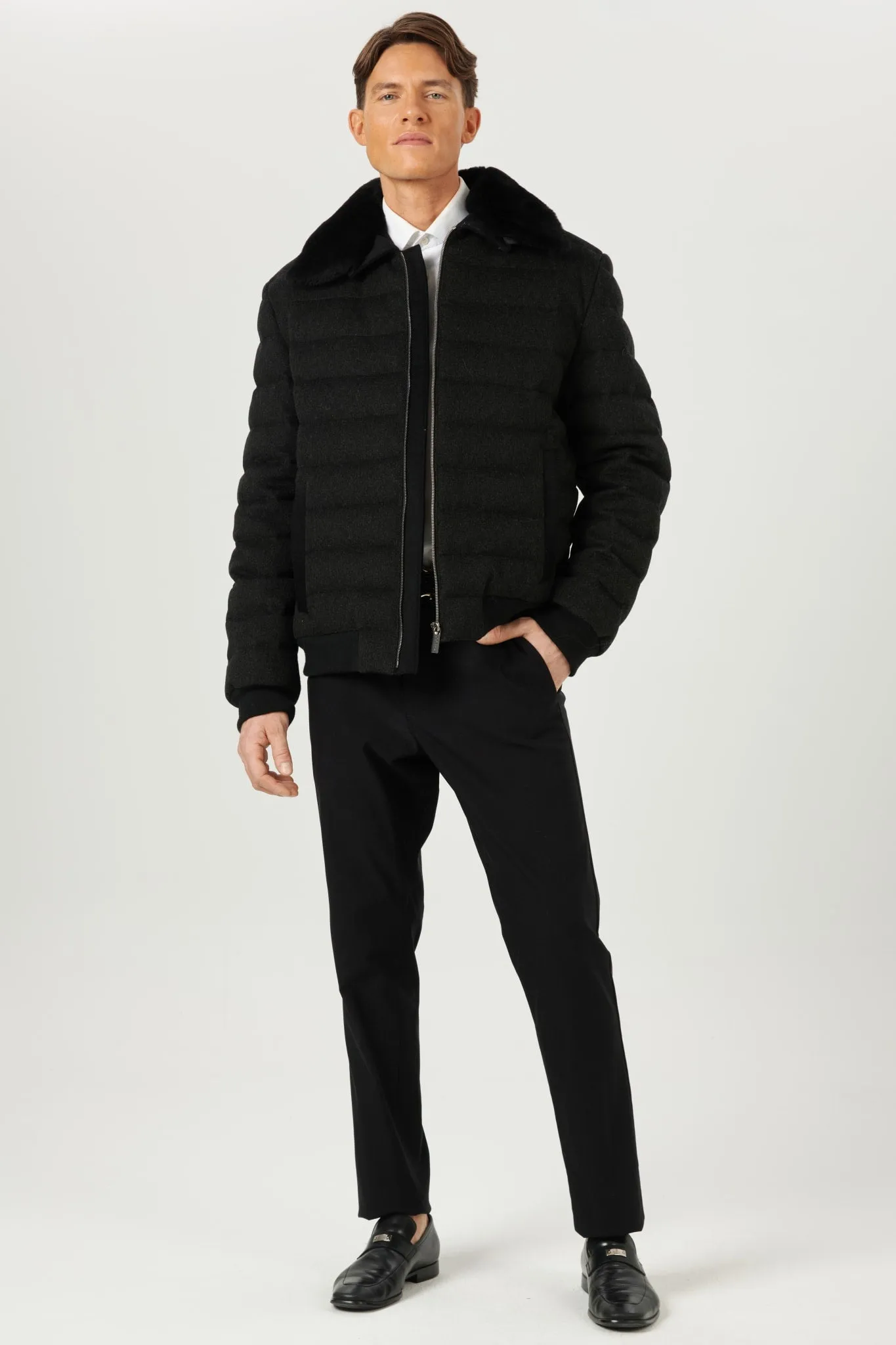 Men's Quilted Wool Jacket with Detachable Select Shearling Lamb Collar