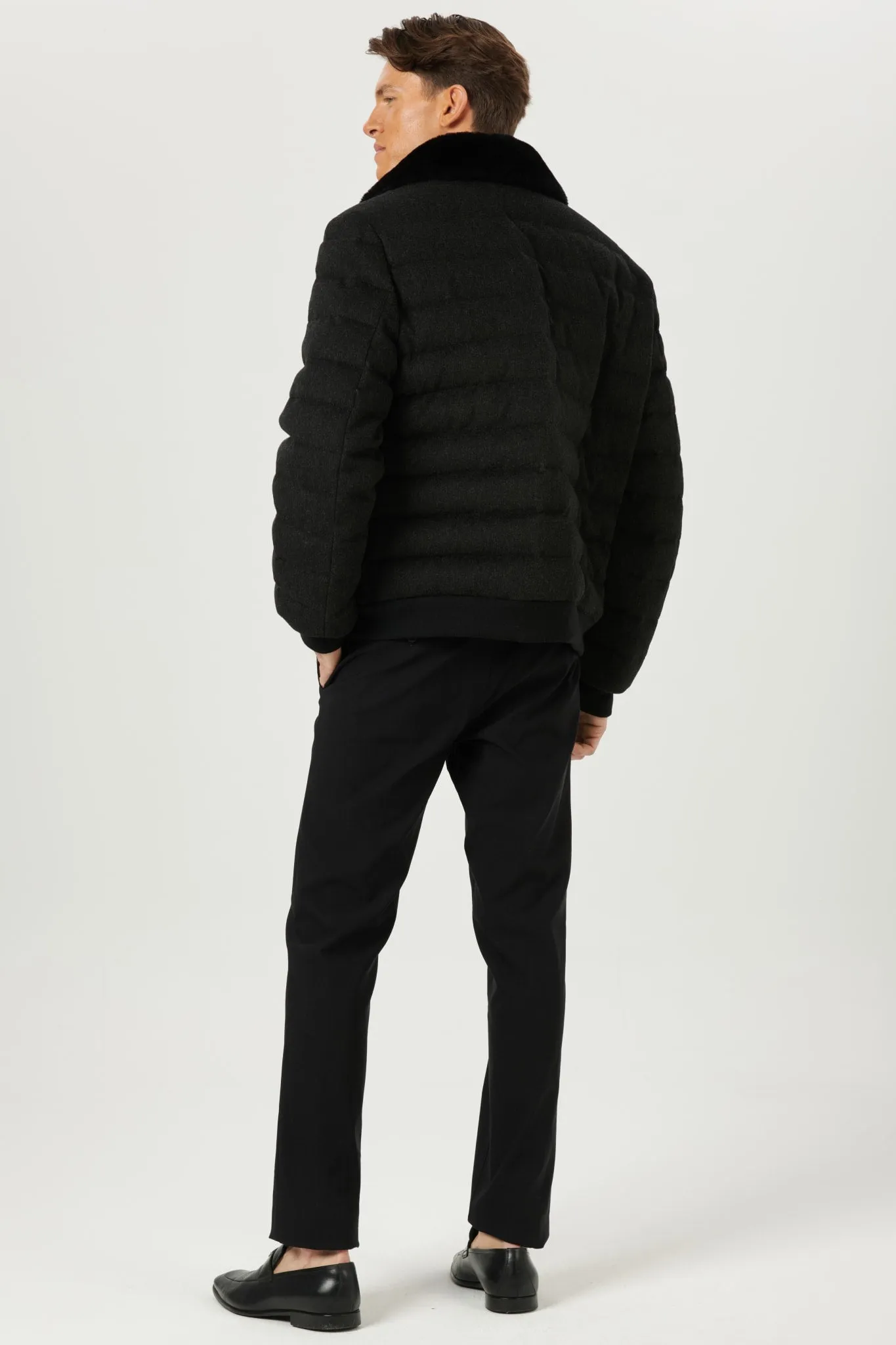 Men's Quilted Wool Jacket with Detachable Select Shearling Lamb Collar