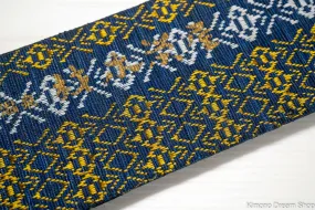 Men's Tanzen Obi - Shiny Blue Yellow White Diamonds - Vintage Informal Men's Kimono Belt - Ryokan and Onsen Use - Zaimoku Sakaeya Ryokan