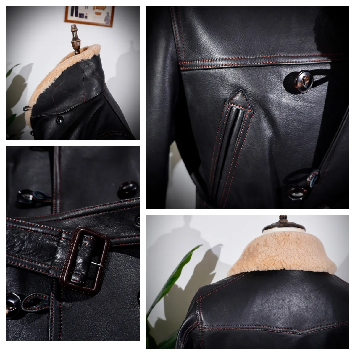 Men's Wool Collar Leather Ranch Coat