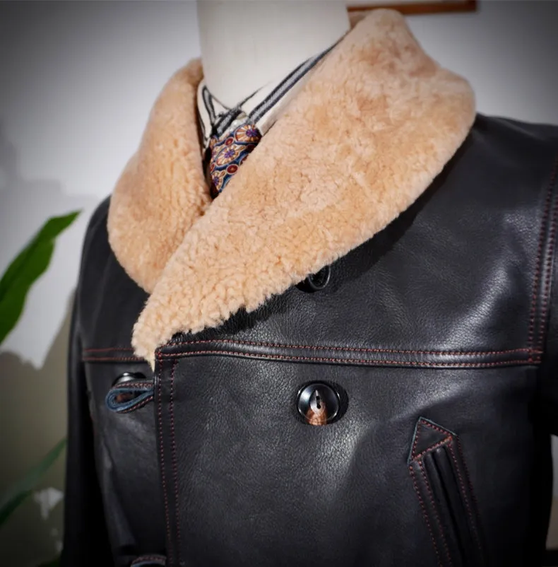 Men's Wool Collar Leather Ranch Coat