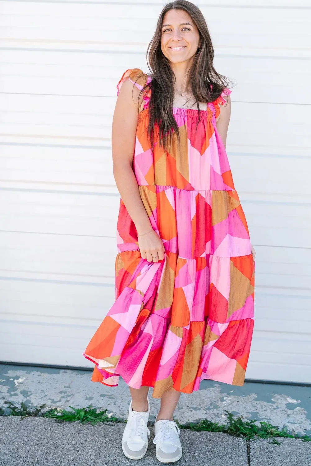 Multicolour Boho Geometric Ruffle Strap Tiered Midi Dress