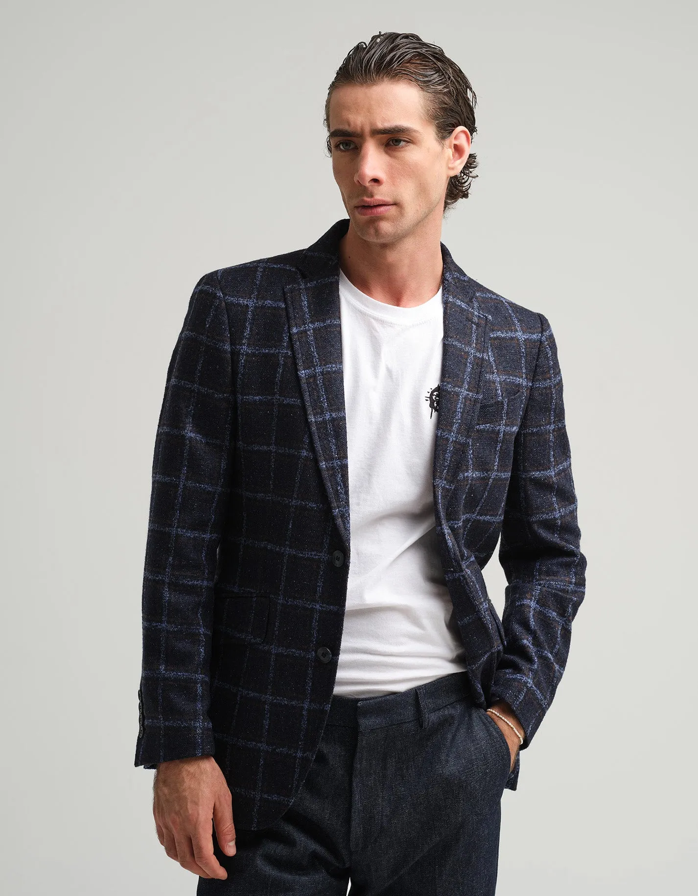 Navy & Brown Windowpane Check Jacket