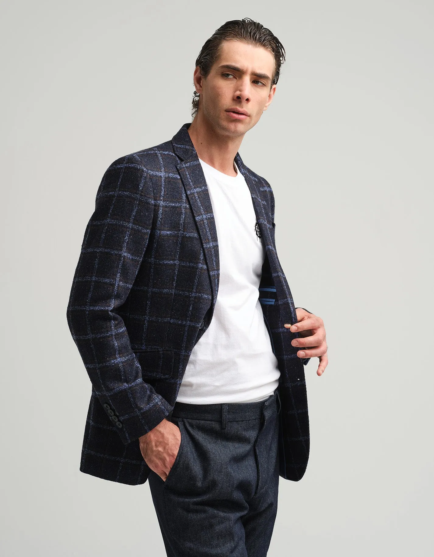 Navy & Brown Windowpane Check Jacket