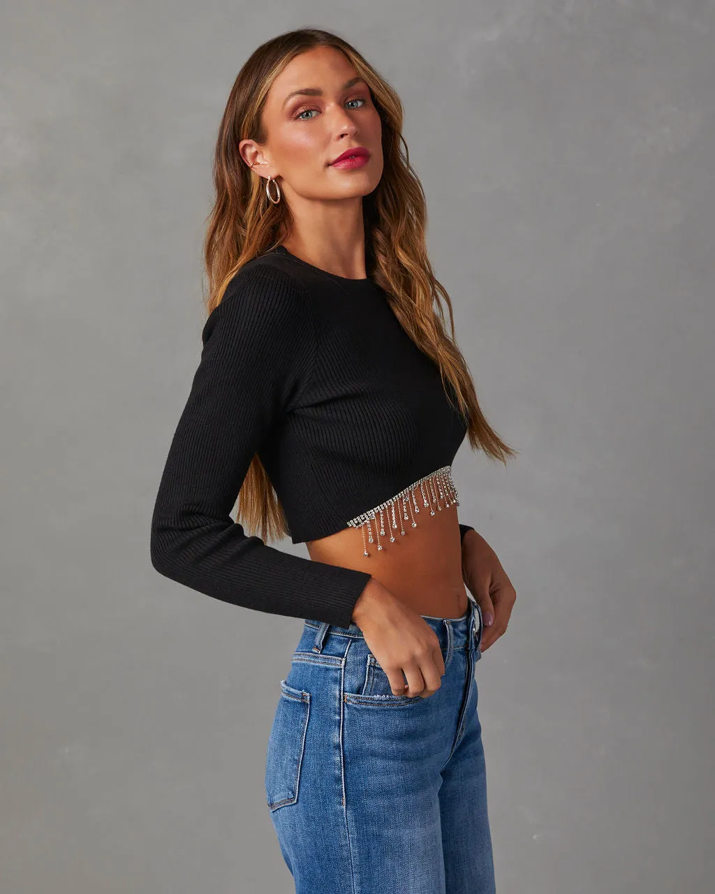 Ozzie Rhinestone Hem Crop Sweater