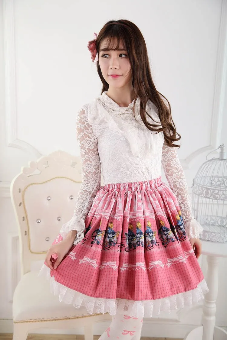 Pink Lolita Sweet Princess Alice's Concert Printed Lolita Lace Skirt for Girl