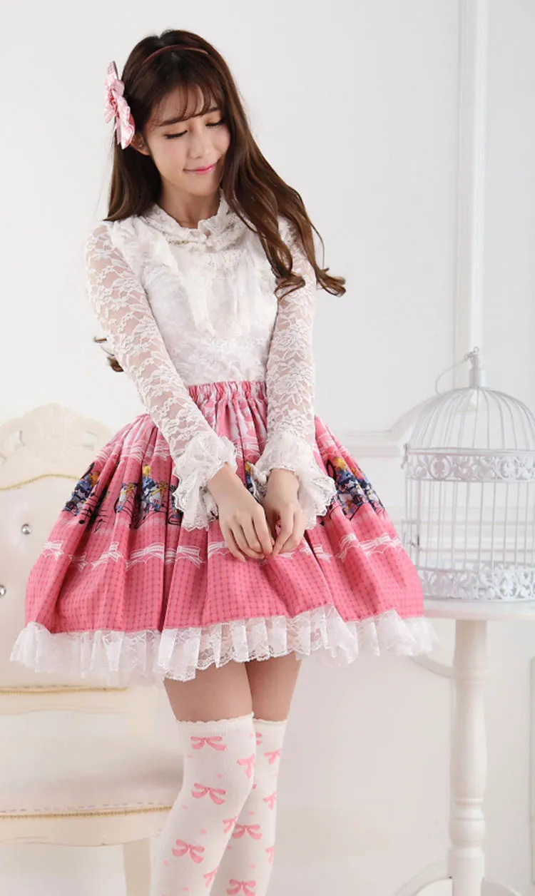 Pink Lolita Sweet Princess Alice's Concert Printed Lolita Lace Skirt for Girl