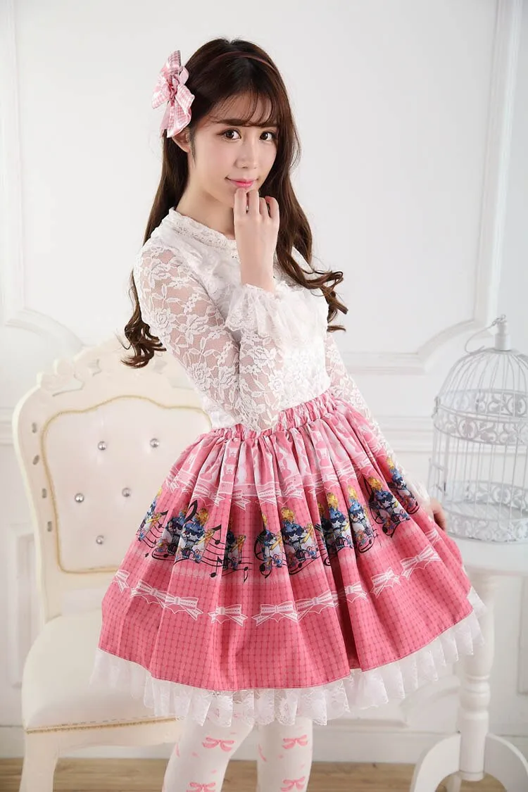 Pink Lolita Sweet Princess Alice's Concert Printed Lolita Lace Skirt for Girl