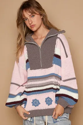 Pink/Grey Multi High Collar Half Zipper Ethnic Color Block Sweater