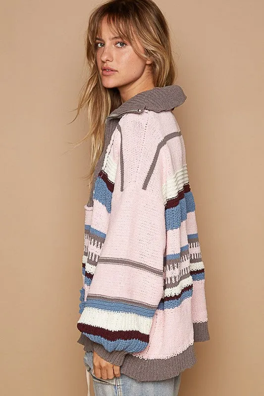 Pink/Grey Multi High Collar Half Zipper Ethnic Color Block Sweater