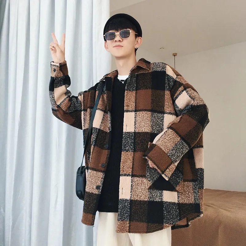 Plaid Broadcloth Hip Hop Loose Style Men Outerwear