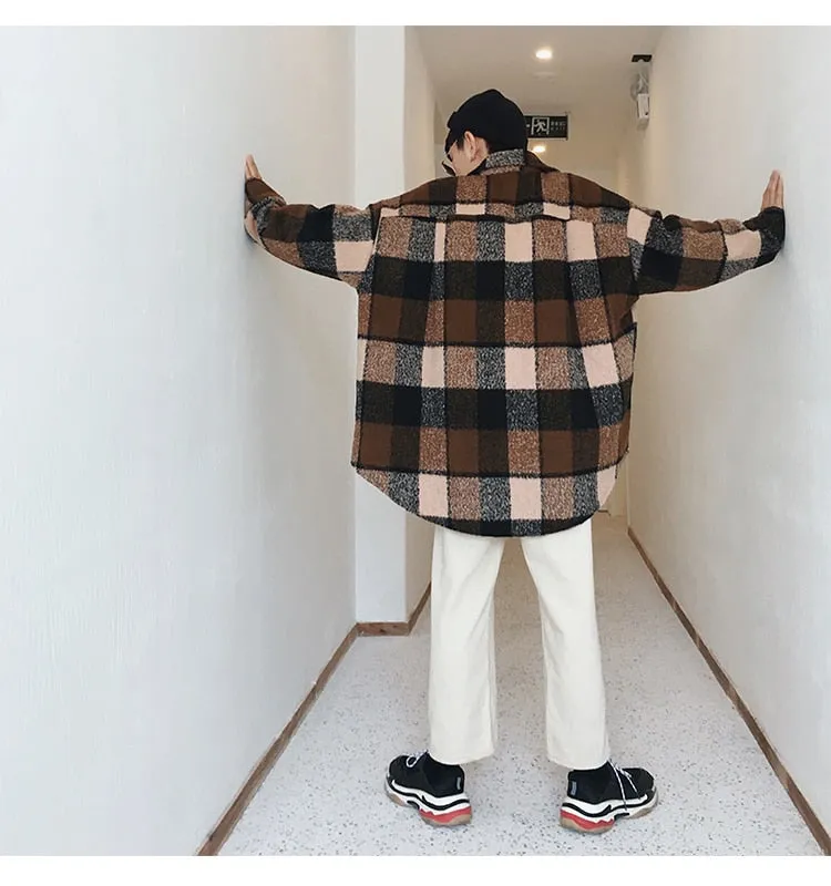 Plaid Broadcloth Hip Hop Loose Style Men Outerwear