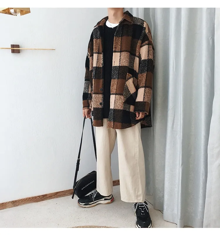 Plaid Broadcloth Hip Hop Loose Style Men Outerwear