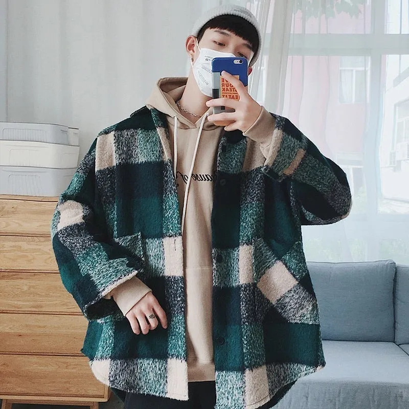 Plaid Broadcloth Hip Hop Loose Style Men Outerwear