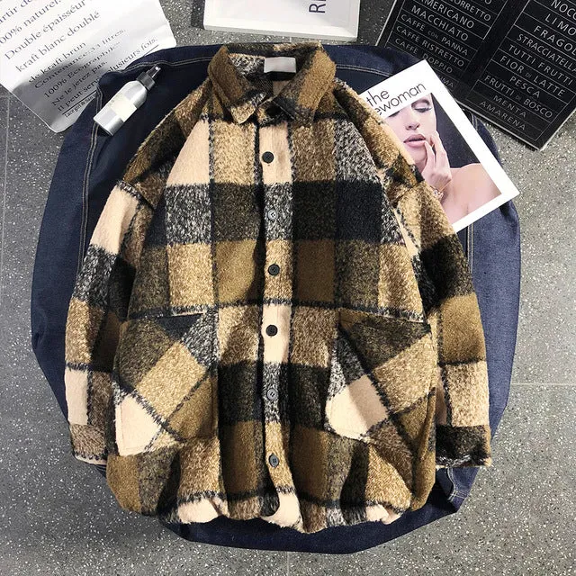 Plaid Broadcloth Hip Hop Loose Style Men Outerwear