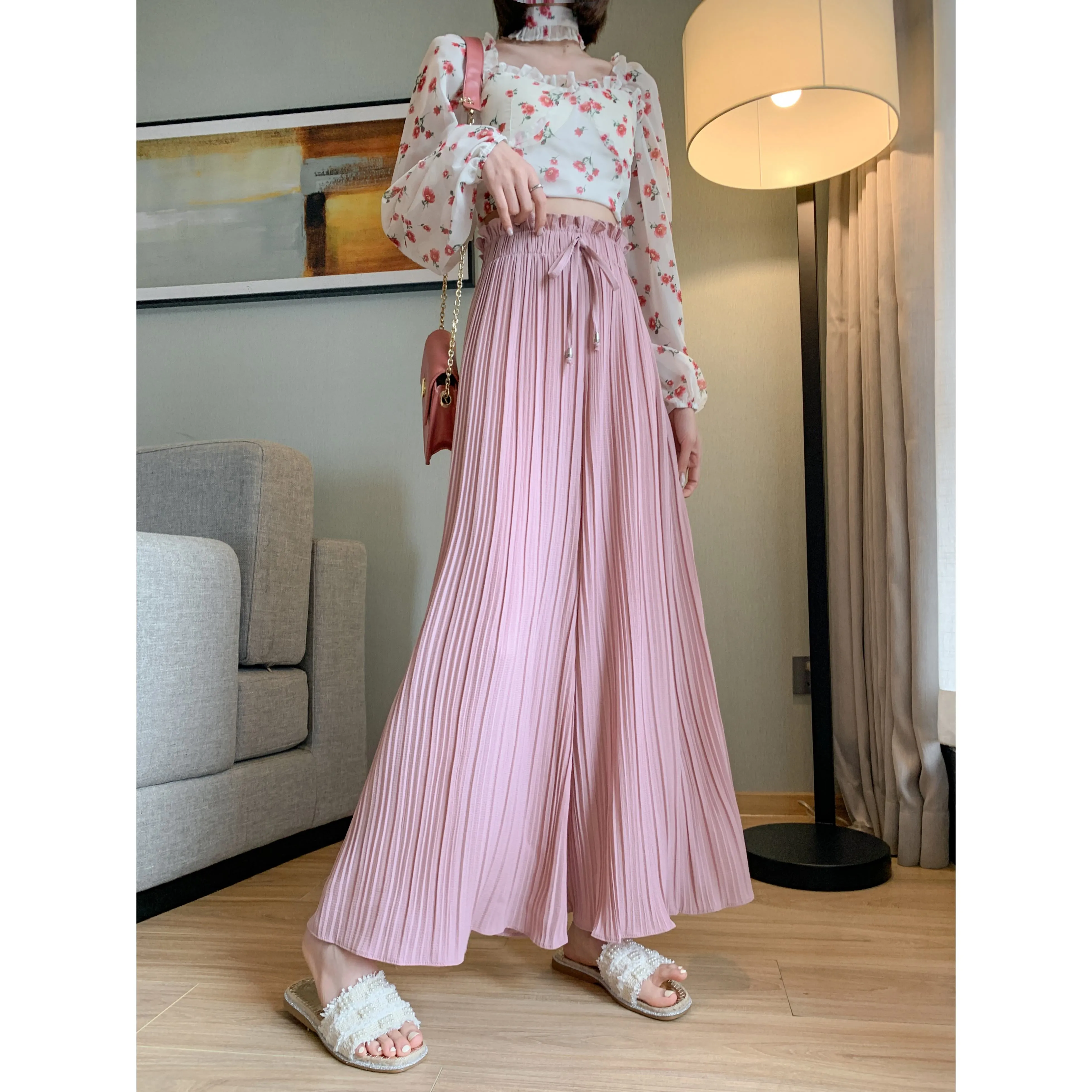 Pleated Chiffon Loose Fit High-Waisted Culottes Draping Pants