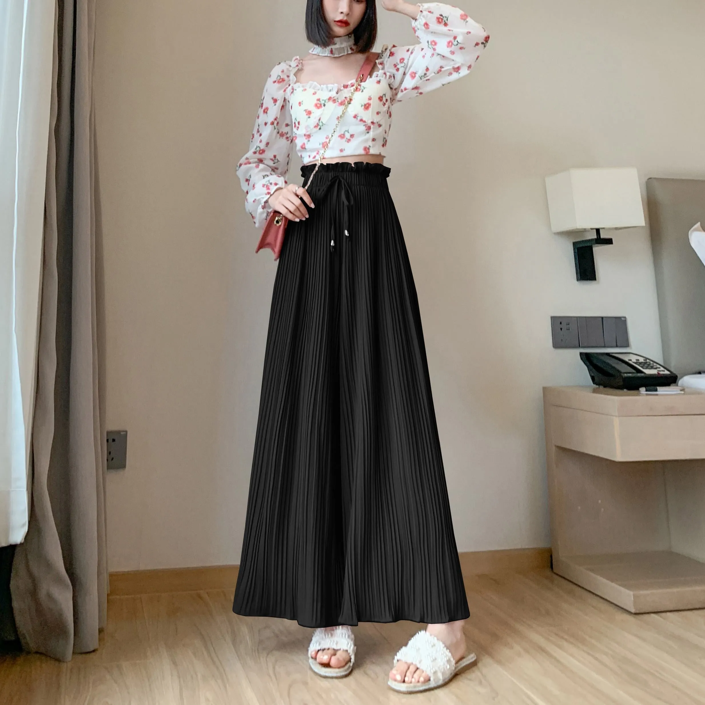 Pleated Chiffon Loose Fit High-Waisted Culottes Draping Pants