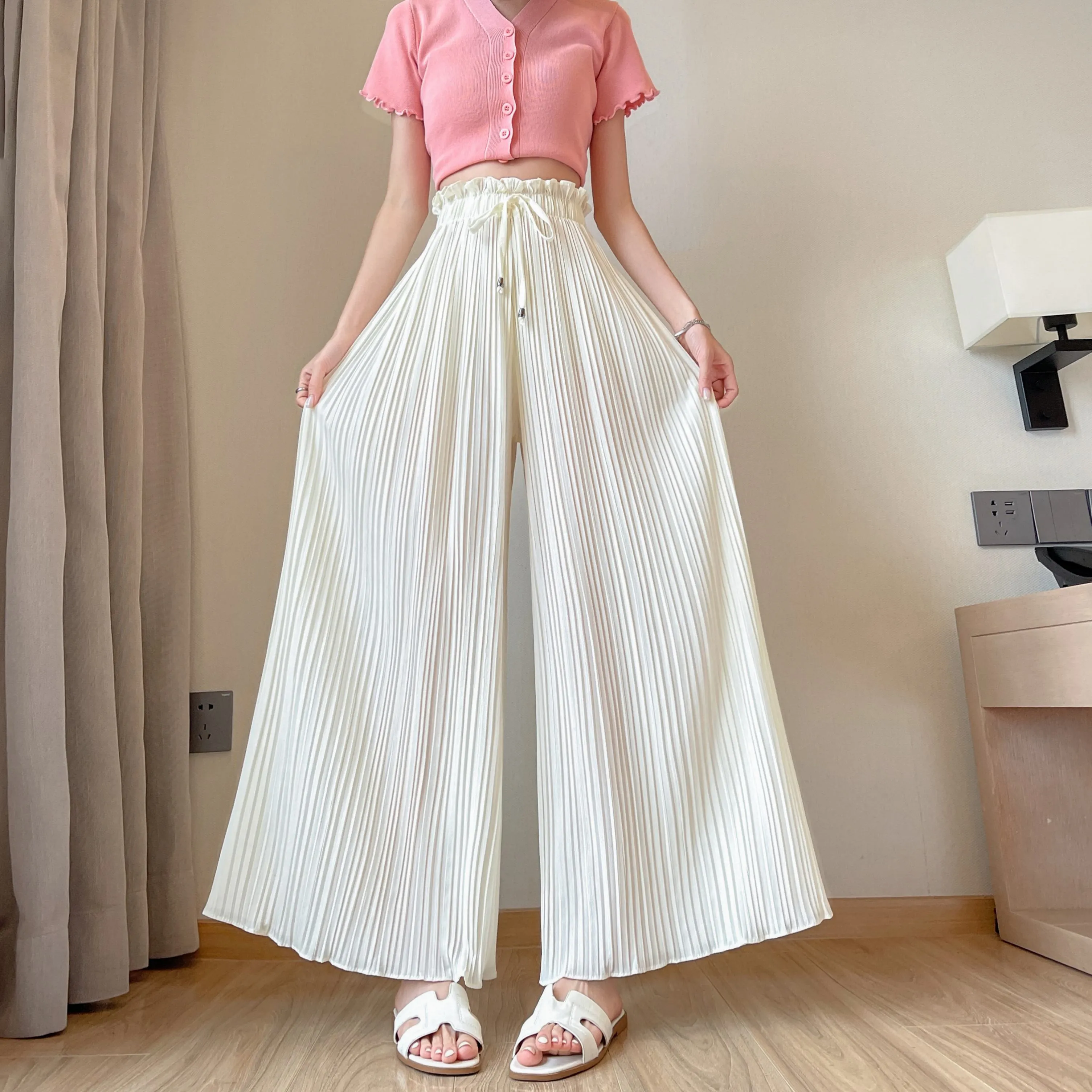 Pleated Chiffon Loose Fit High-Waisted Culottes Draping Pants