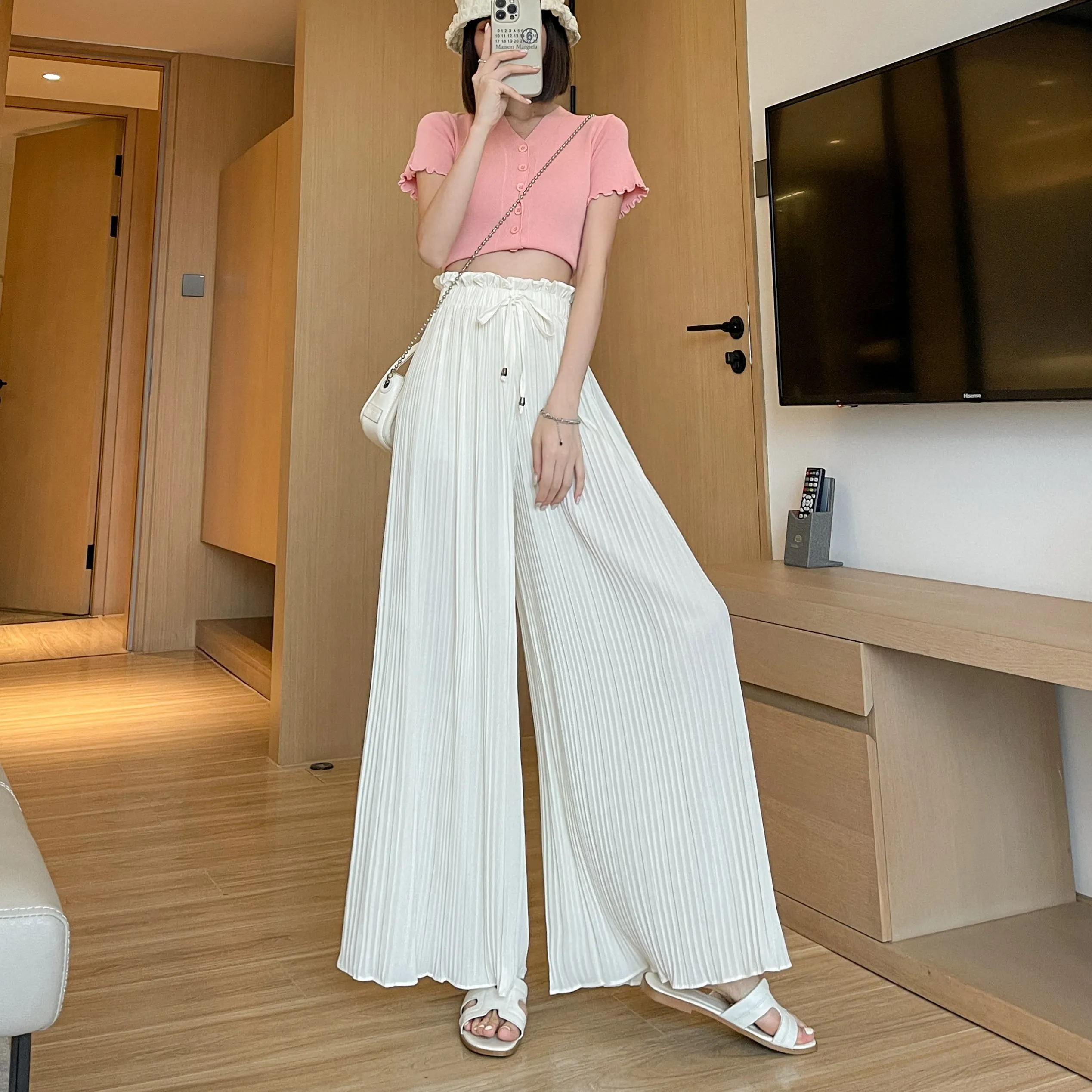 Pleated Chiffon Loose Fit High-Waisted Culottes Draping Pants