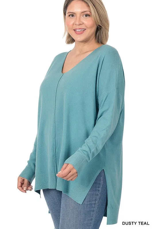 Plus Hi-low Hem V-Neck Center Seam Sweater