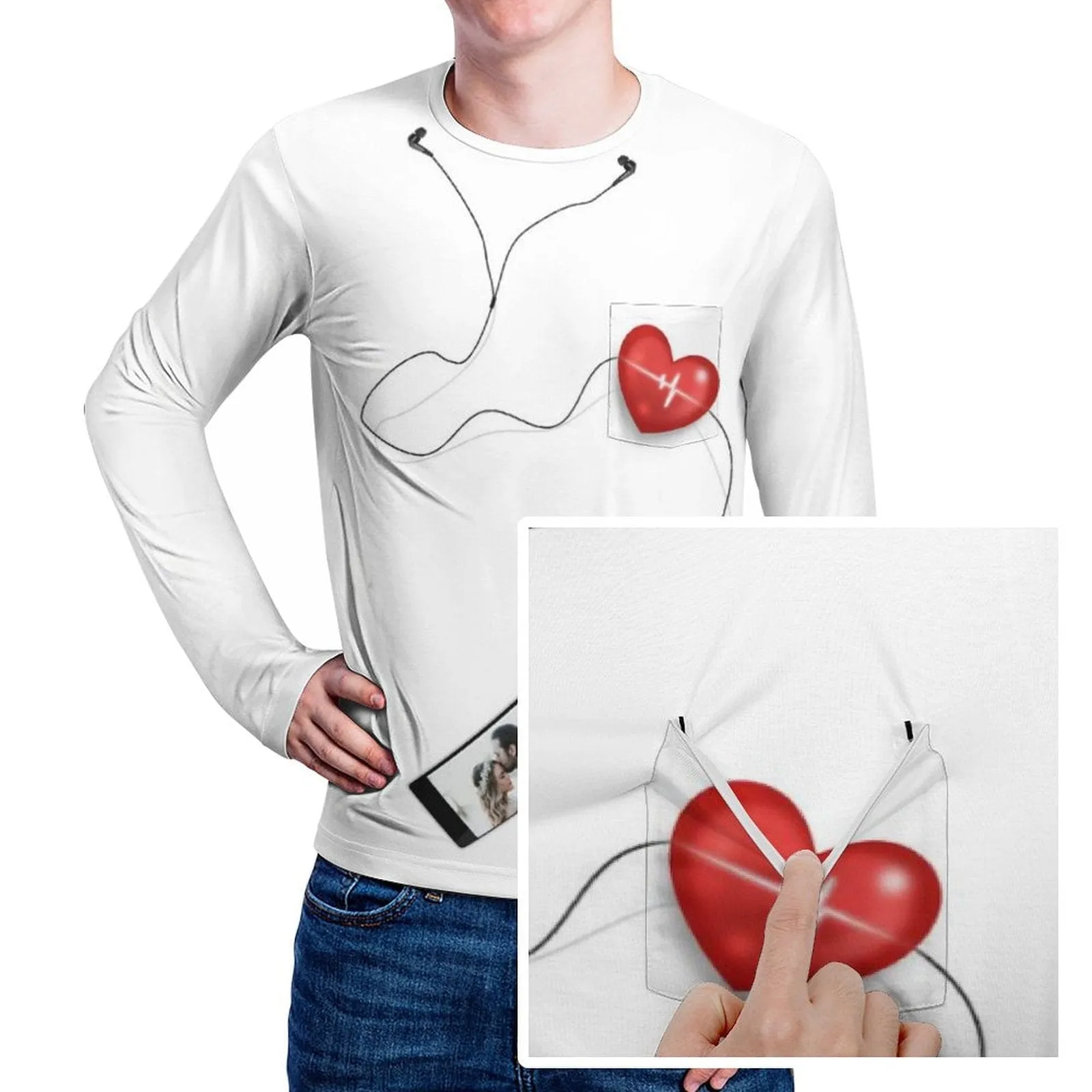 #Pocket Sweatshirt Custom Name&Photo Earphone Red Heart Loose Sweatshirt Personalized Photo Loose Sweatshirt With Pocket