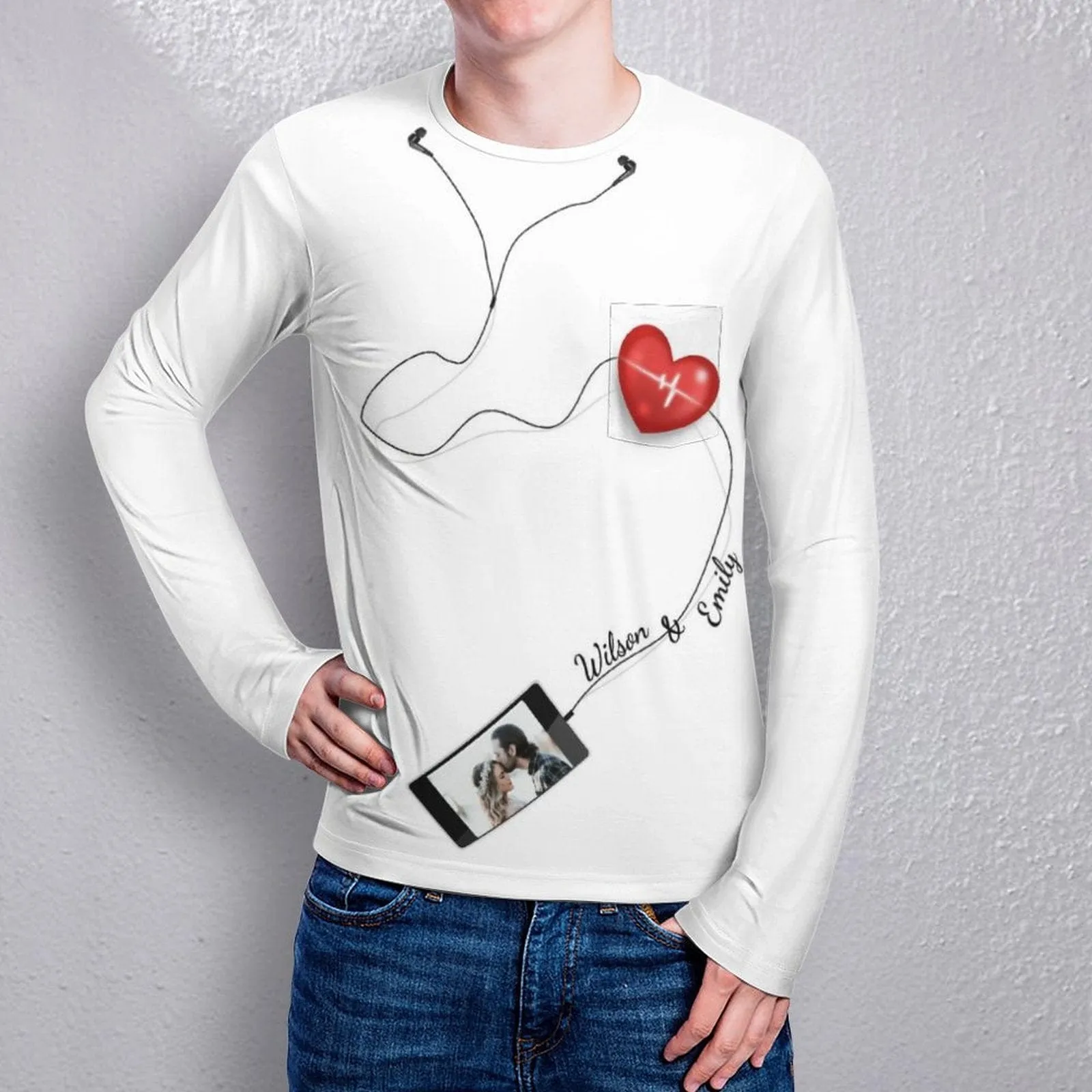 #Pocket Sweatshirt Custom Name&Photo Earphone Red Heart Loose Sweatshirt Personalized Photo Loose Sweatshirt With Pocket