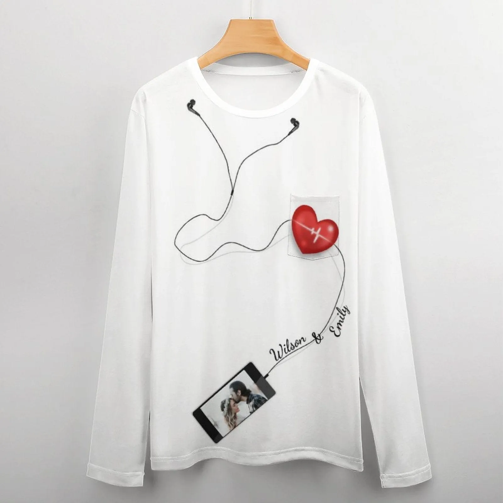 #Pocket Sweatshirt Custom Name&Photo Earphone Red Heart Loose Sweatshirt Personalized Photo Loose Sweatshirt With Pocket