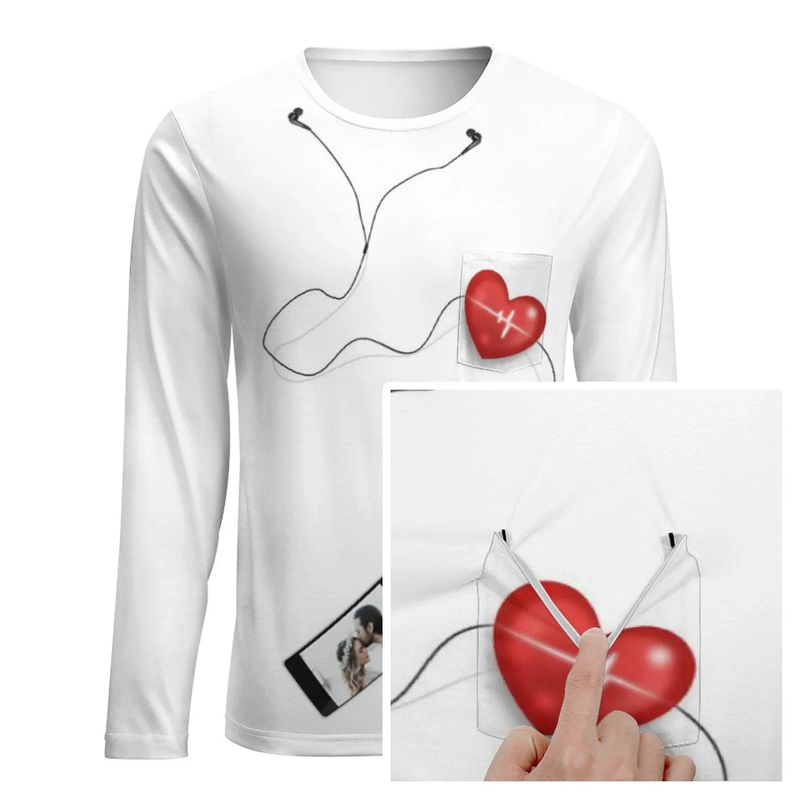 #Pocket Sweatshirt Custom Name&Photo Earphone Red Heart Loose Sweatshirt Personalized Photo Loose Sweatshirt With Pocket