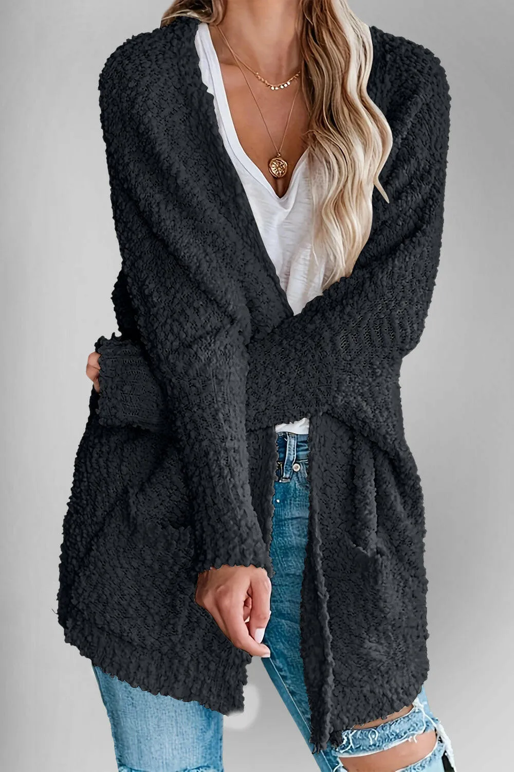 Pocketed Open Front Long Sleeve Cardigan