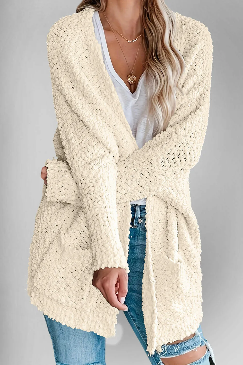 Pocketed Open Front Long Sleeve Cardigan