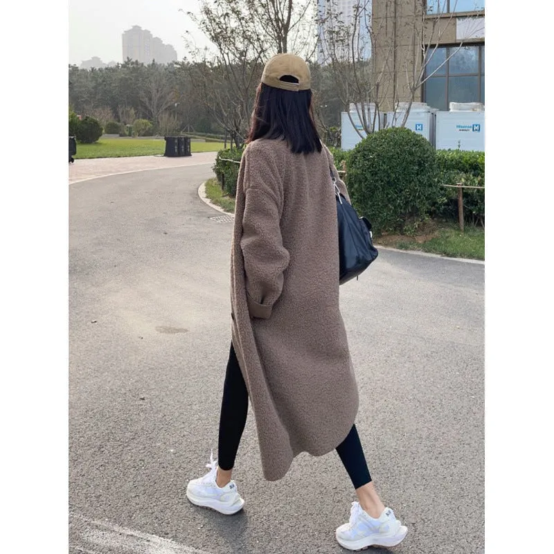 Purpdrank cold weather outfits Chubby Girl plus Size Autumn and Winter Lamb Plush Loose Thickened Double-Breasted Mid-Length Overcoat Coat for Women