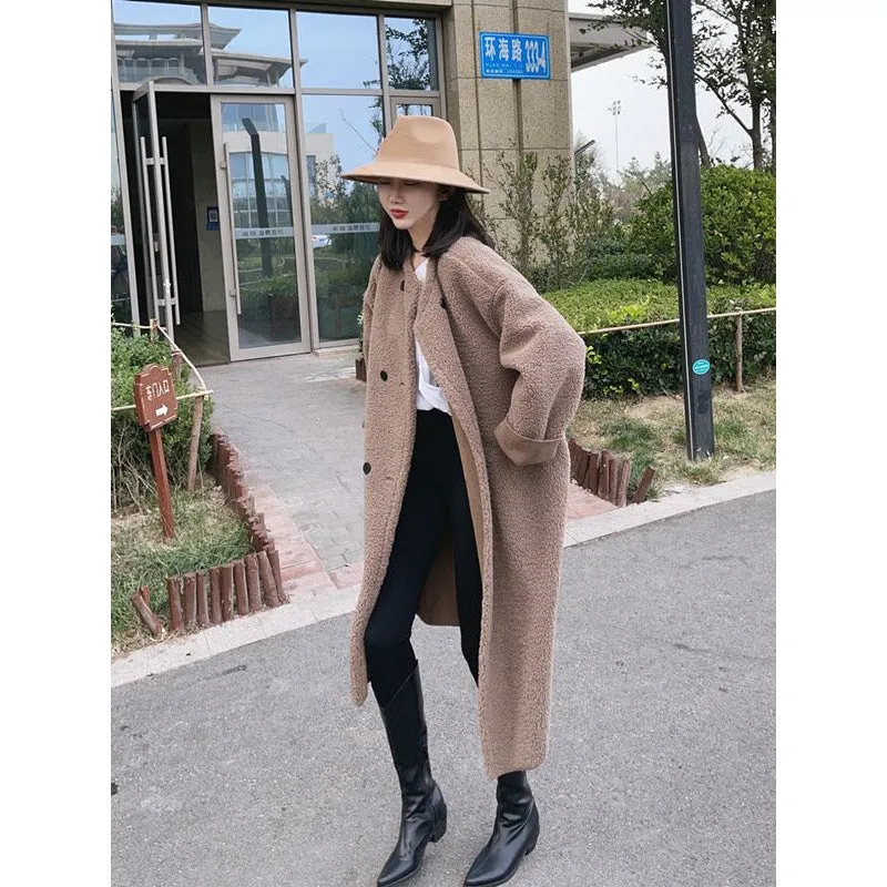 Purpdrank cold weather outfits Chubby Girl plus Size Autumn and Winter Lamb Plush Loose Thickened Double-Breasted Mid-Length Overcoat Coat for Women