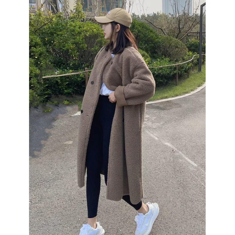 Purpdrank cold weather outfits Chubby Girl plus Size Autumn and Winter Lamb Plush Loose Thickened Double-Breasted Mid-Length Overcoat Coat for Women