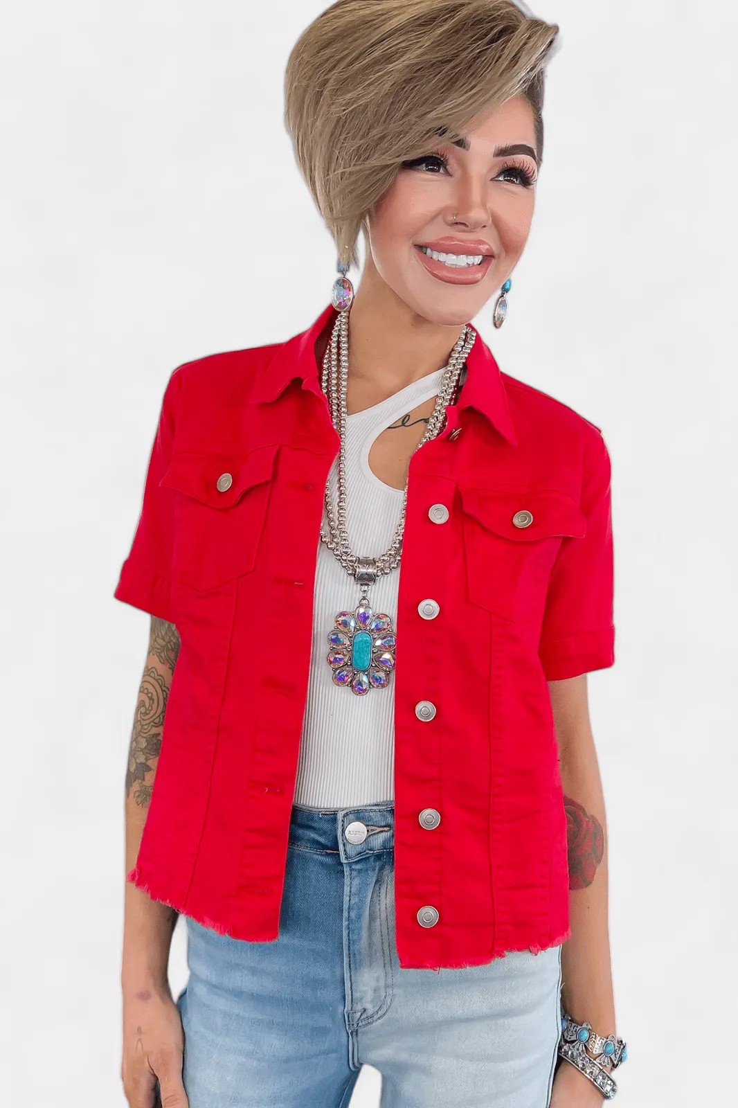 Red Short Sleeve Denim Jacket [NO RETURNS]