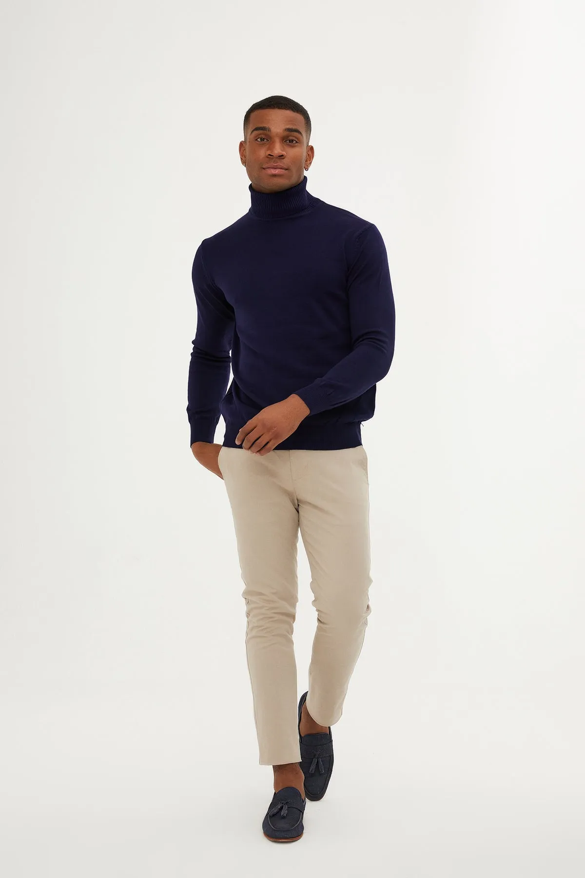 Regular Fit Basic Plain Light Navy Turtleneck Sweater