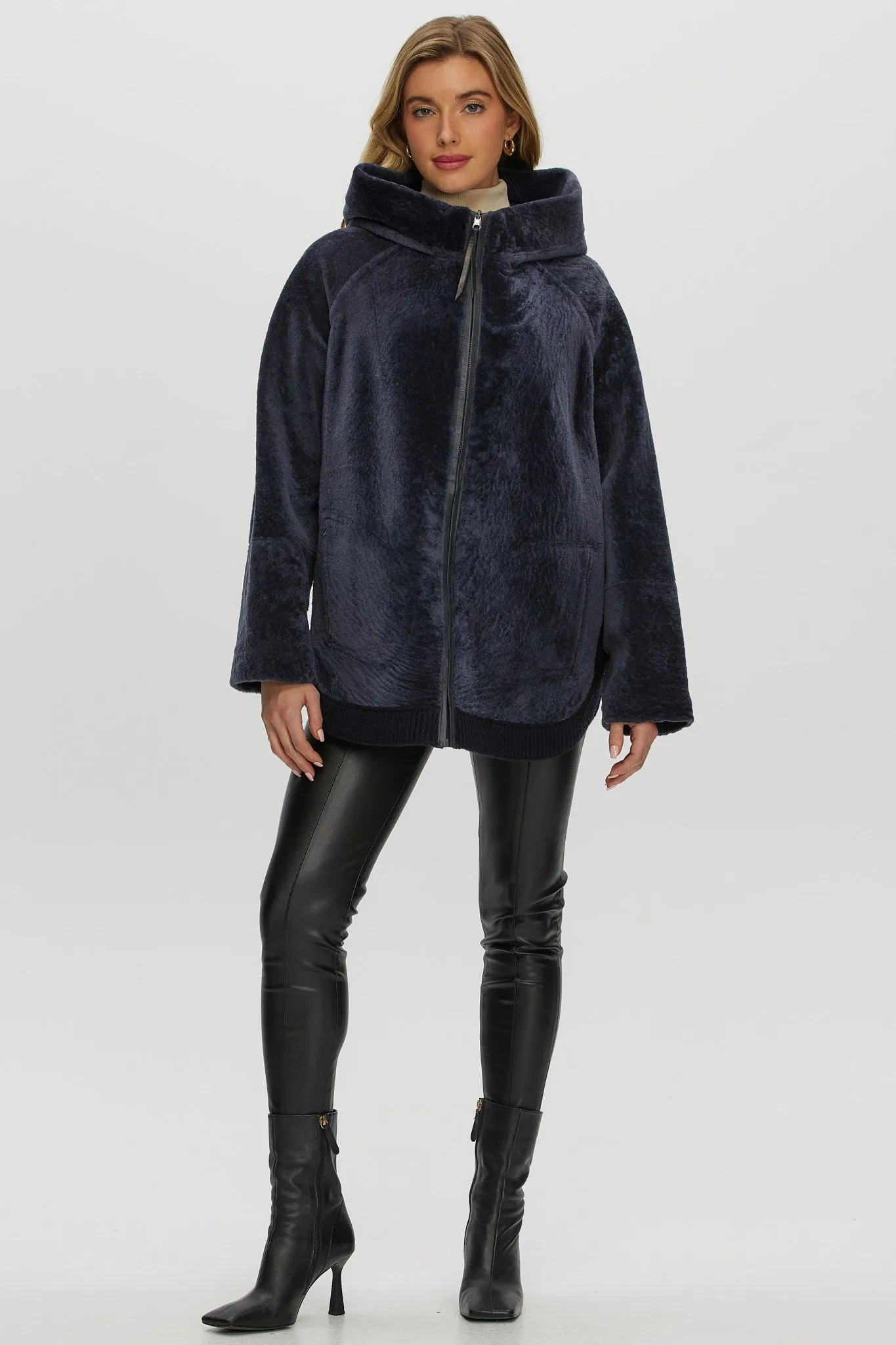 Reversible Select Shearling Lamb Zip Parka with Ribbed Hem