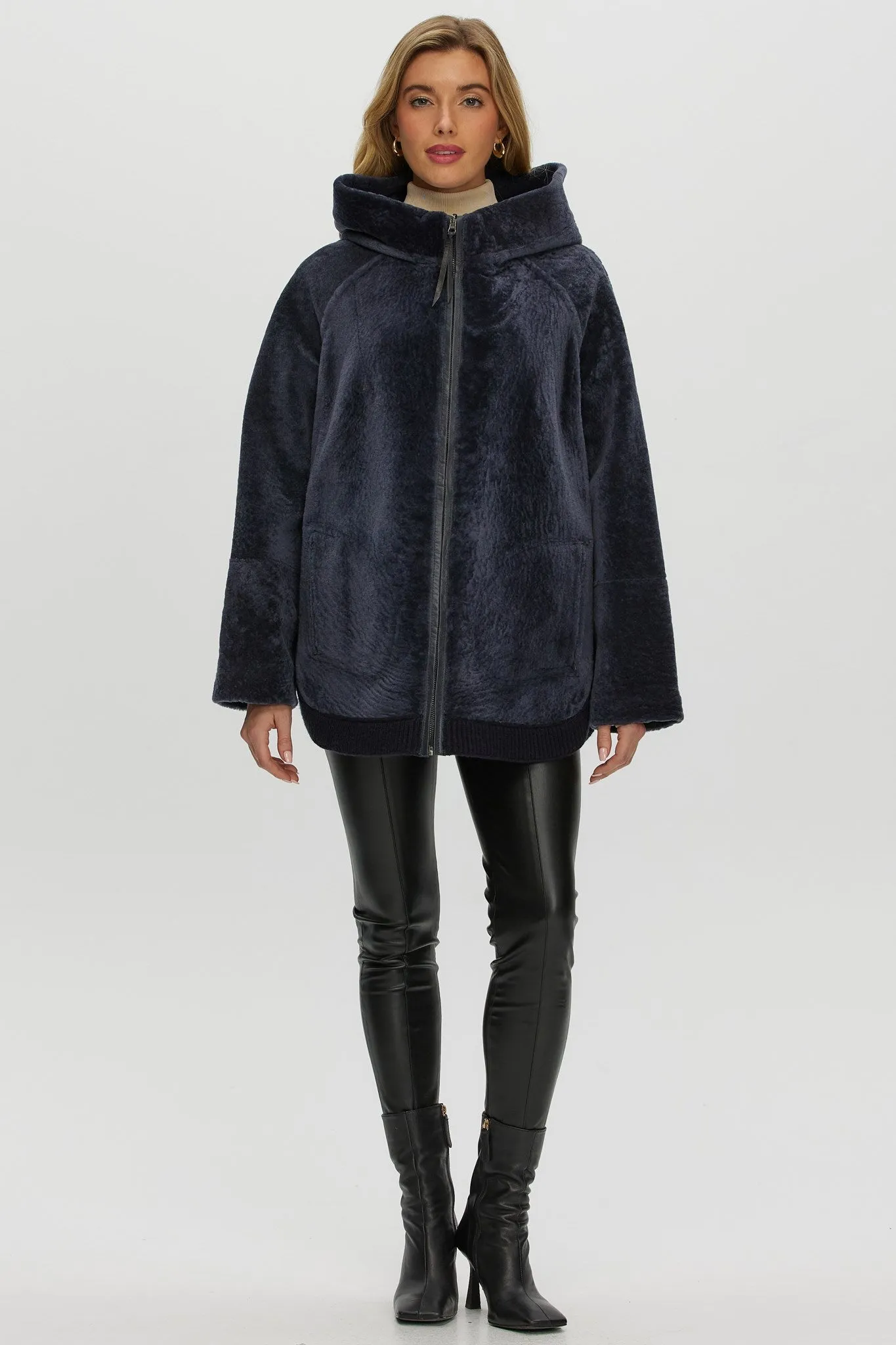 Reversible Select Shearling Lamb Zip Parka with Ribbed Hem