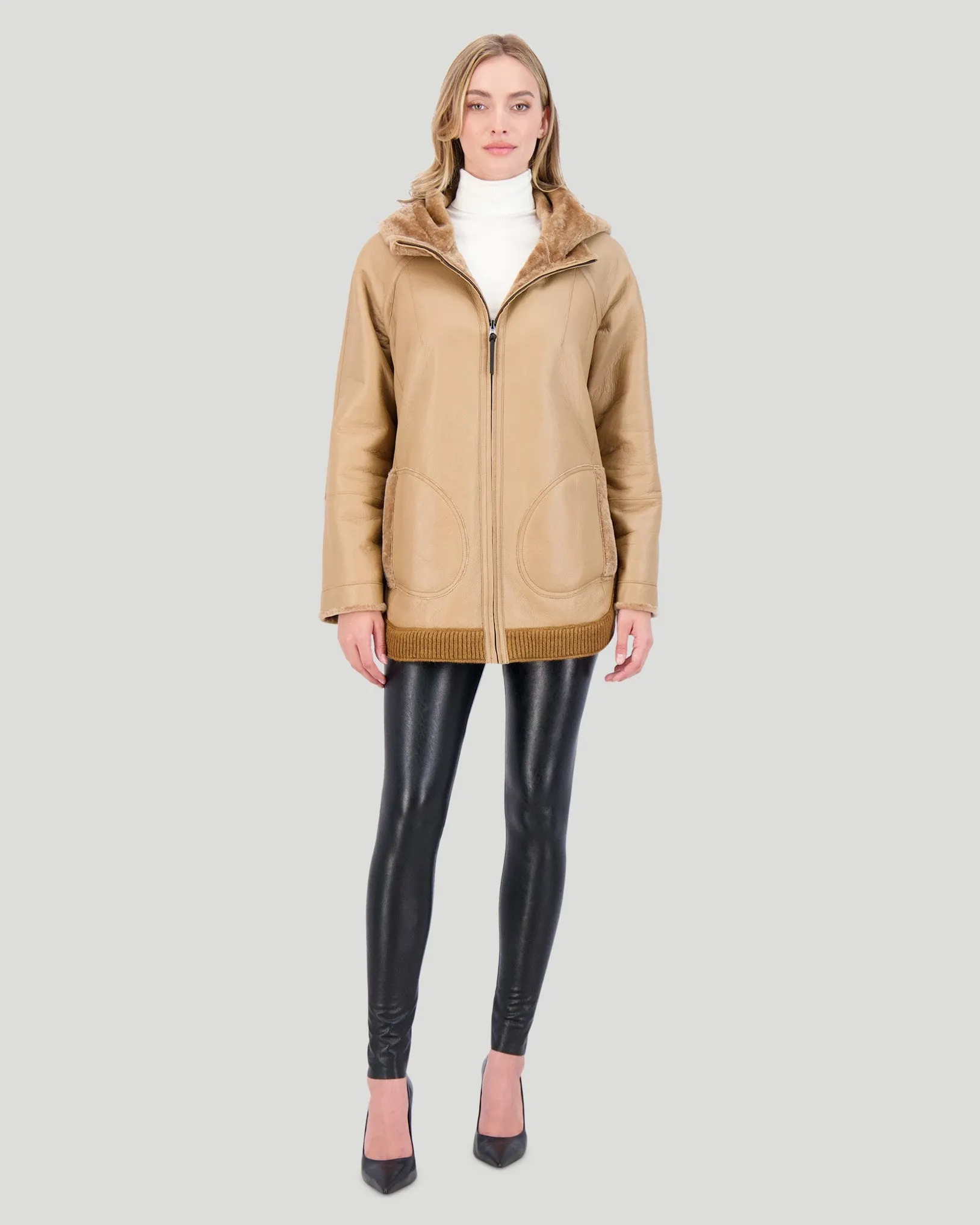 Reversible Select Shearling Lamb Zip Parka with Ribbed Hem