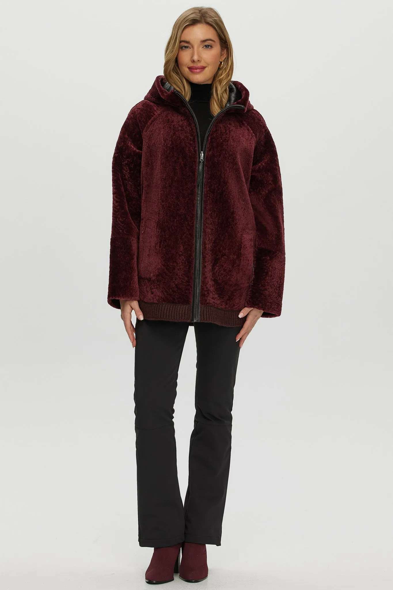 Reversible Select Shearling Lamb Zip Parka with Ribbed Hem