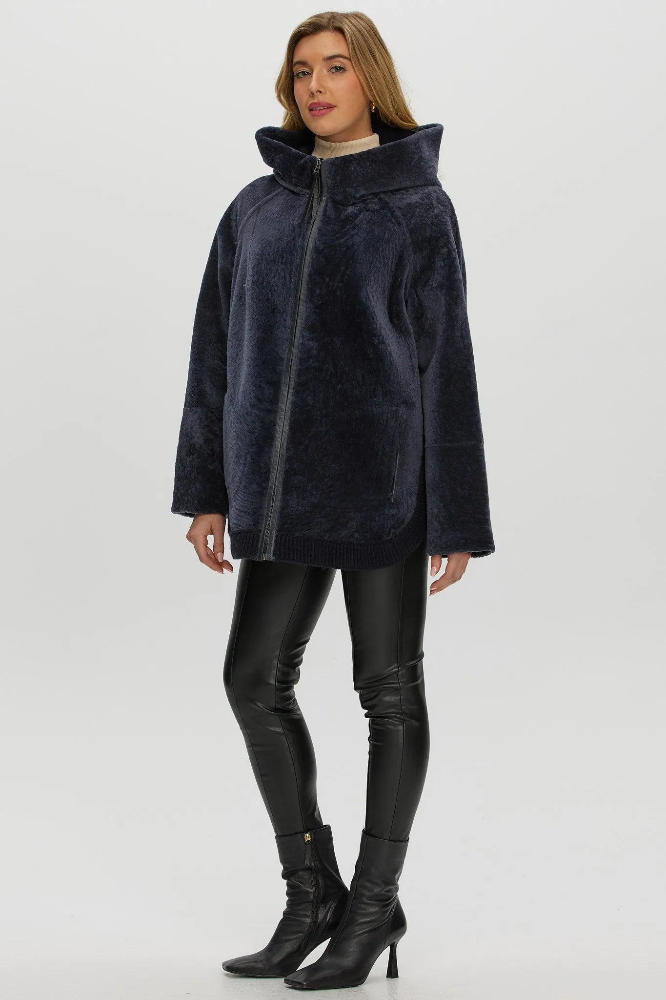 Reversible Select Shearling Lamb Zip Parka with Ribbed Hem