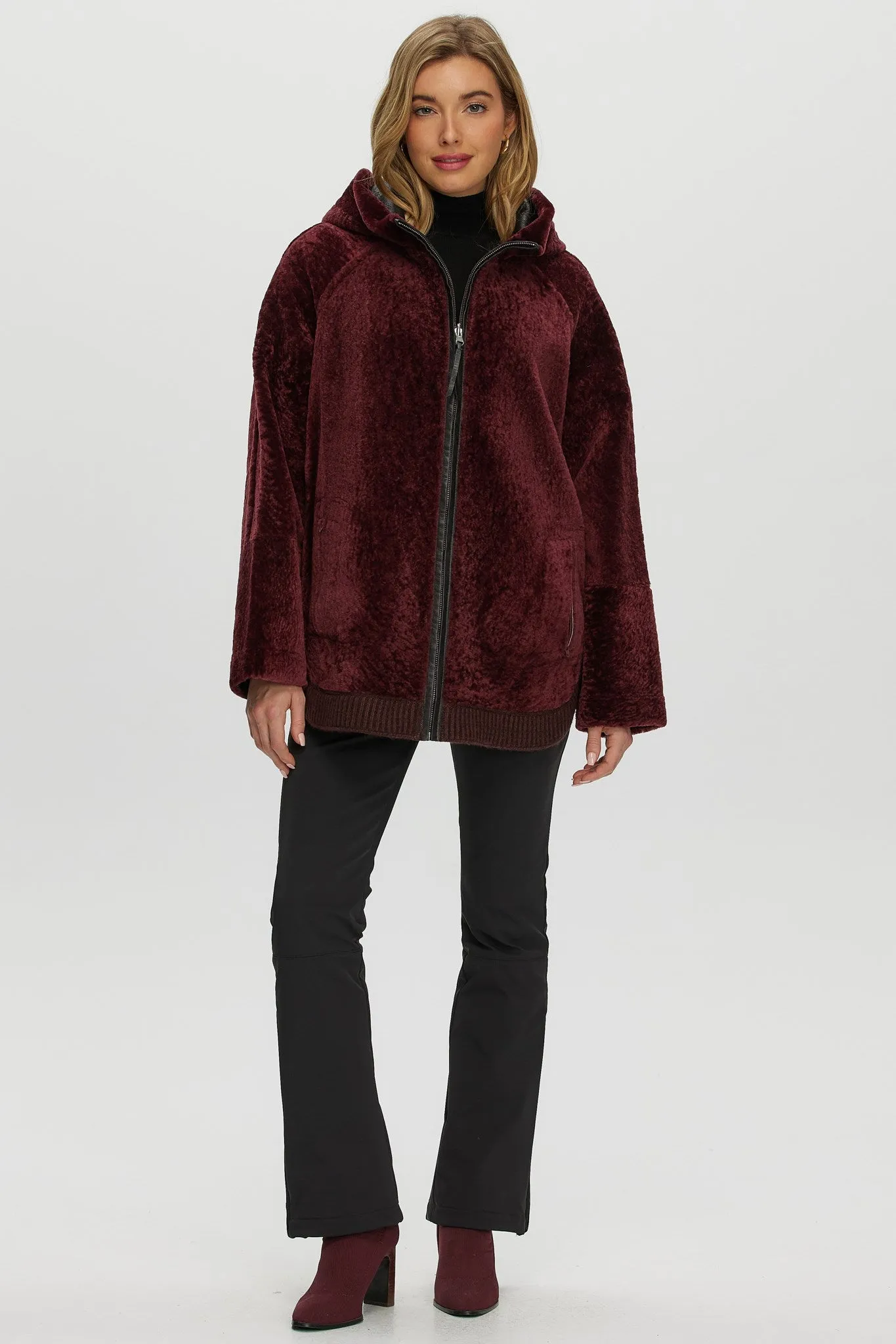 Reversible Select Shearling Lamb Zip Parka with Ribbed Hem