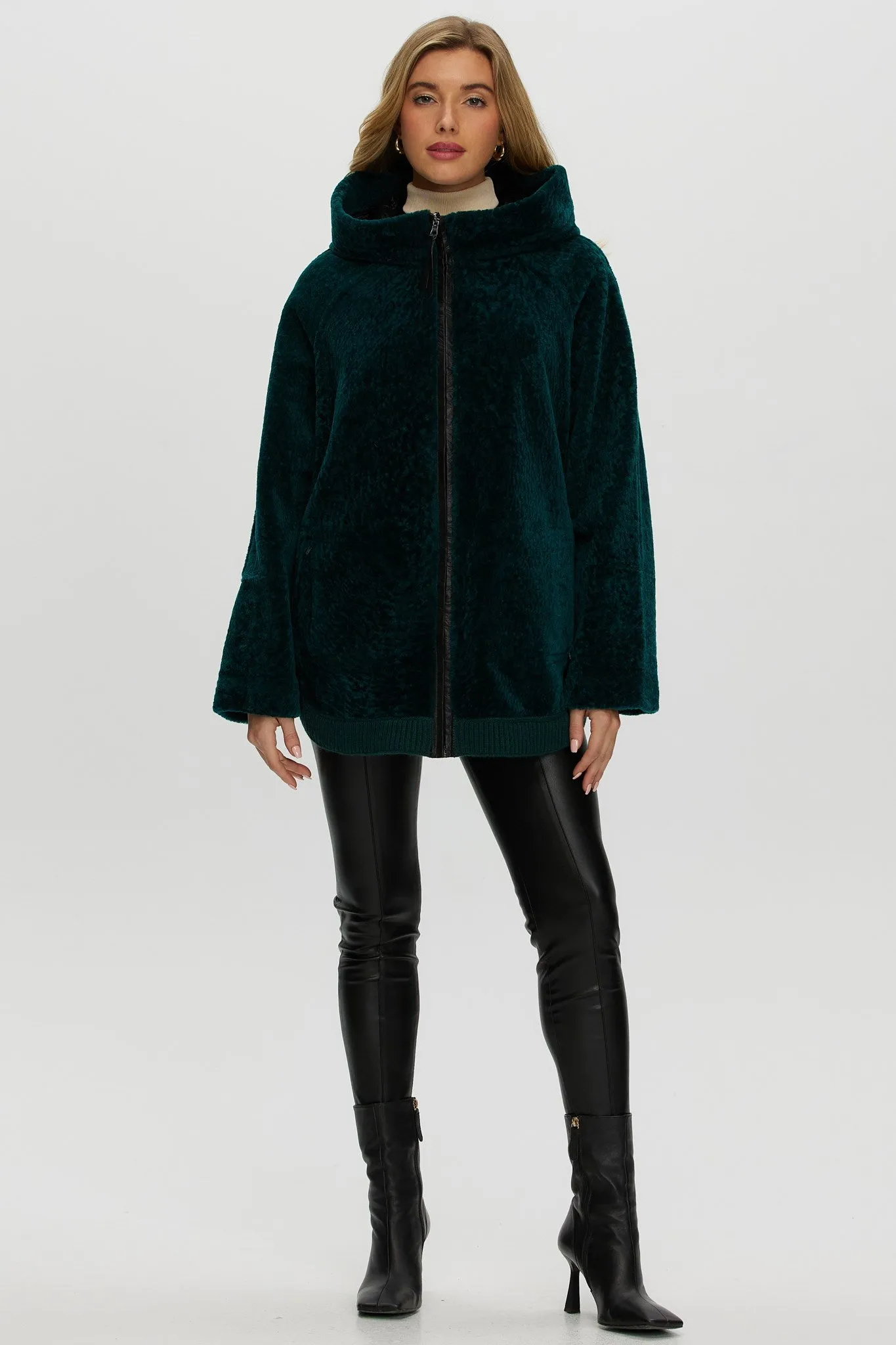 Reversible Select Shearling Lamb Zip Parka with Ribbed Hem