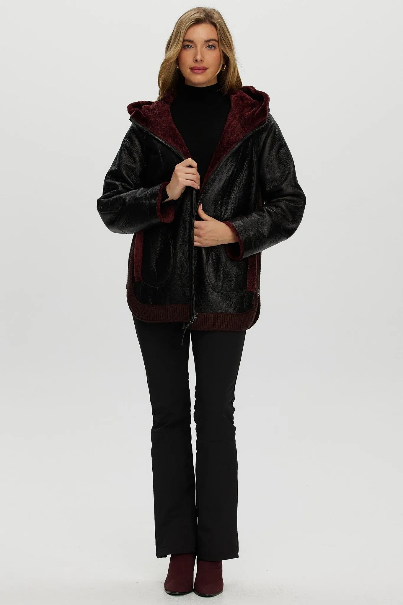 Reversible Select Shearling Lamb Zip Parka with Ribbed Hem