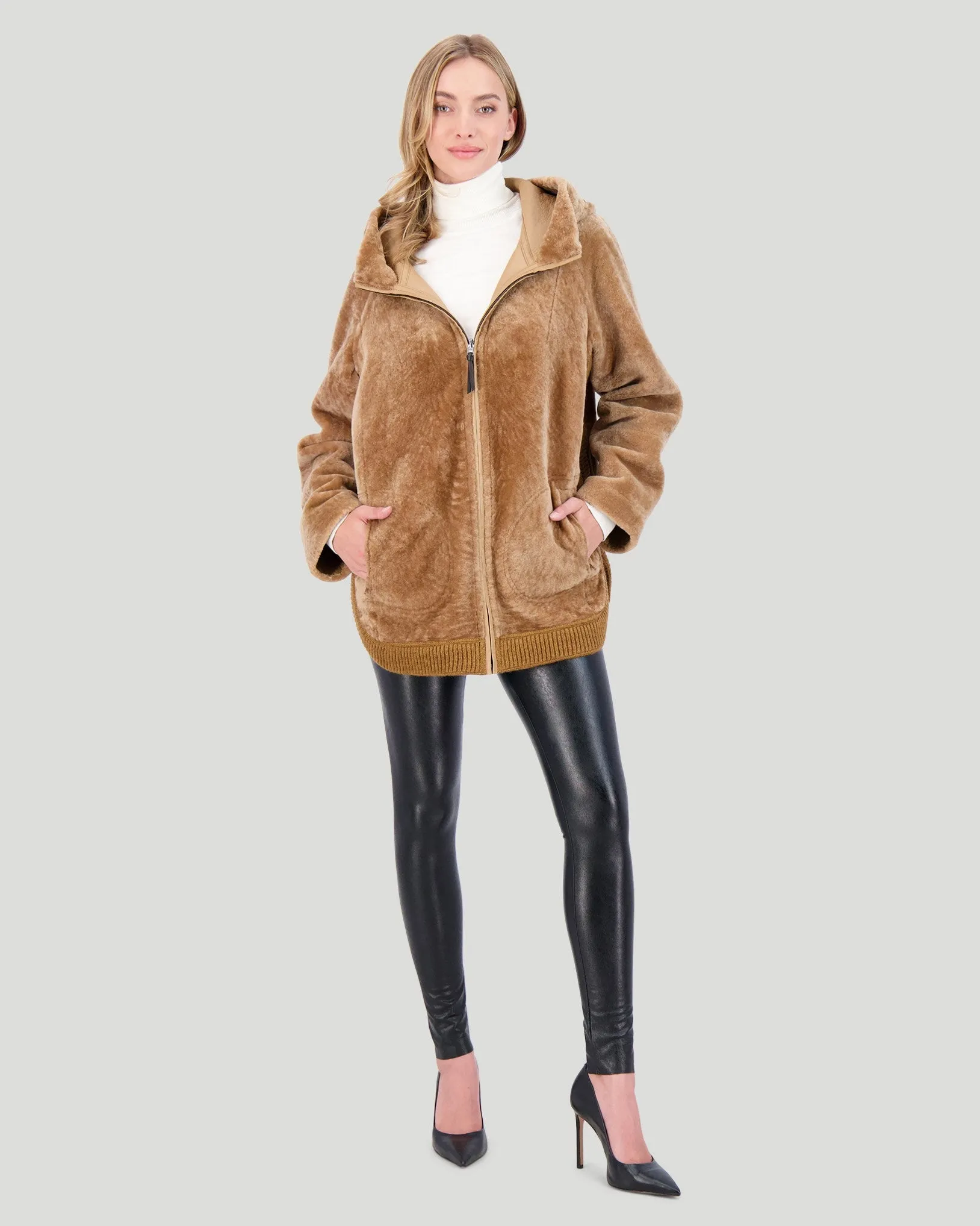 Reversible Select Shearling Lamb Zip Parka with Ribbed Hem