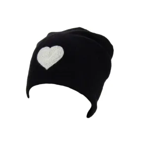 Reversible Slouchy Black Cashmere Hat with White Heart