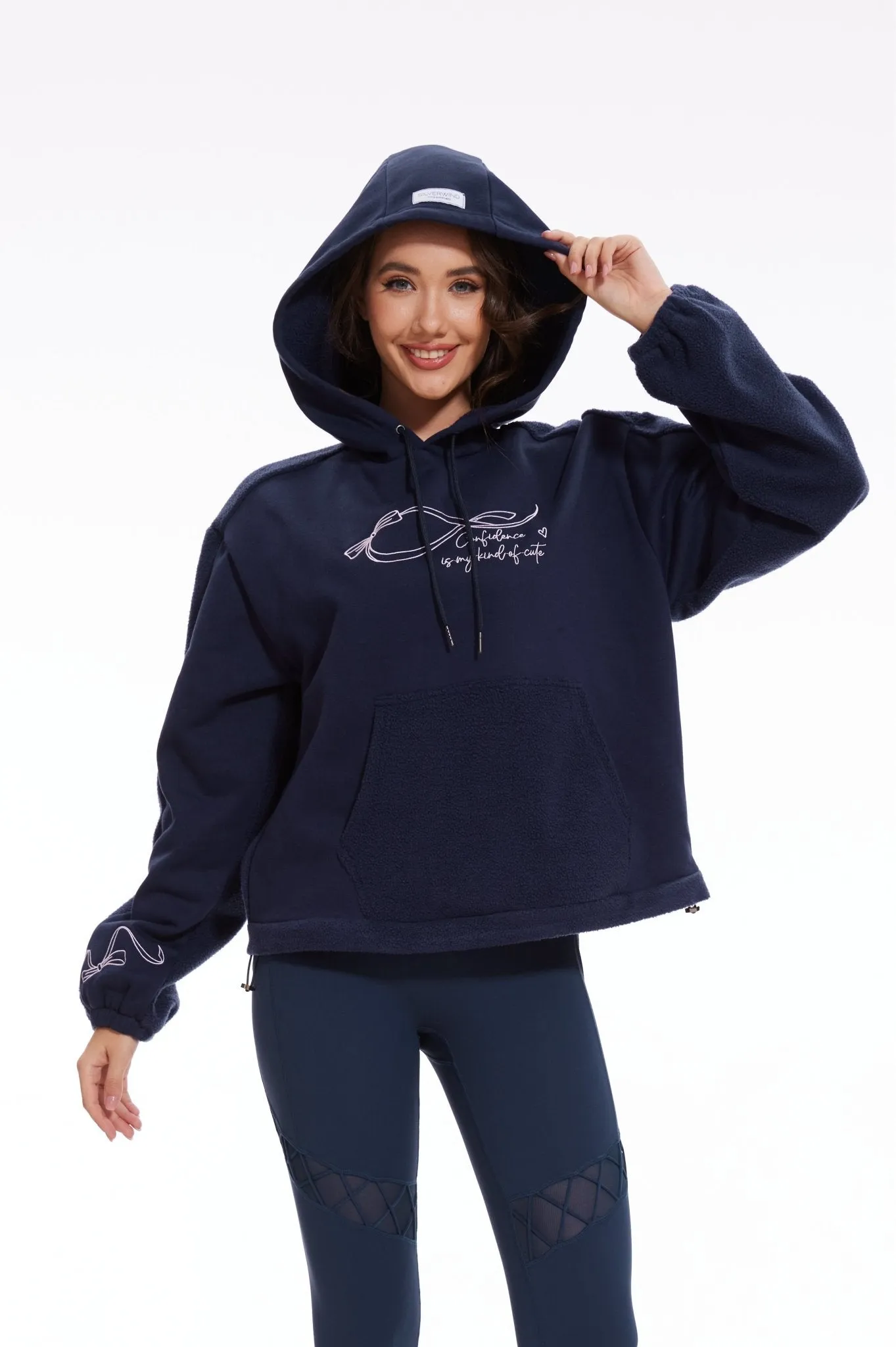 Ribbon Dropped Shoulder Loose Kangaroo Hooded Fleece Sweatshirt - Navy Blue