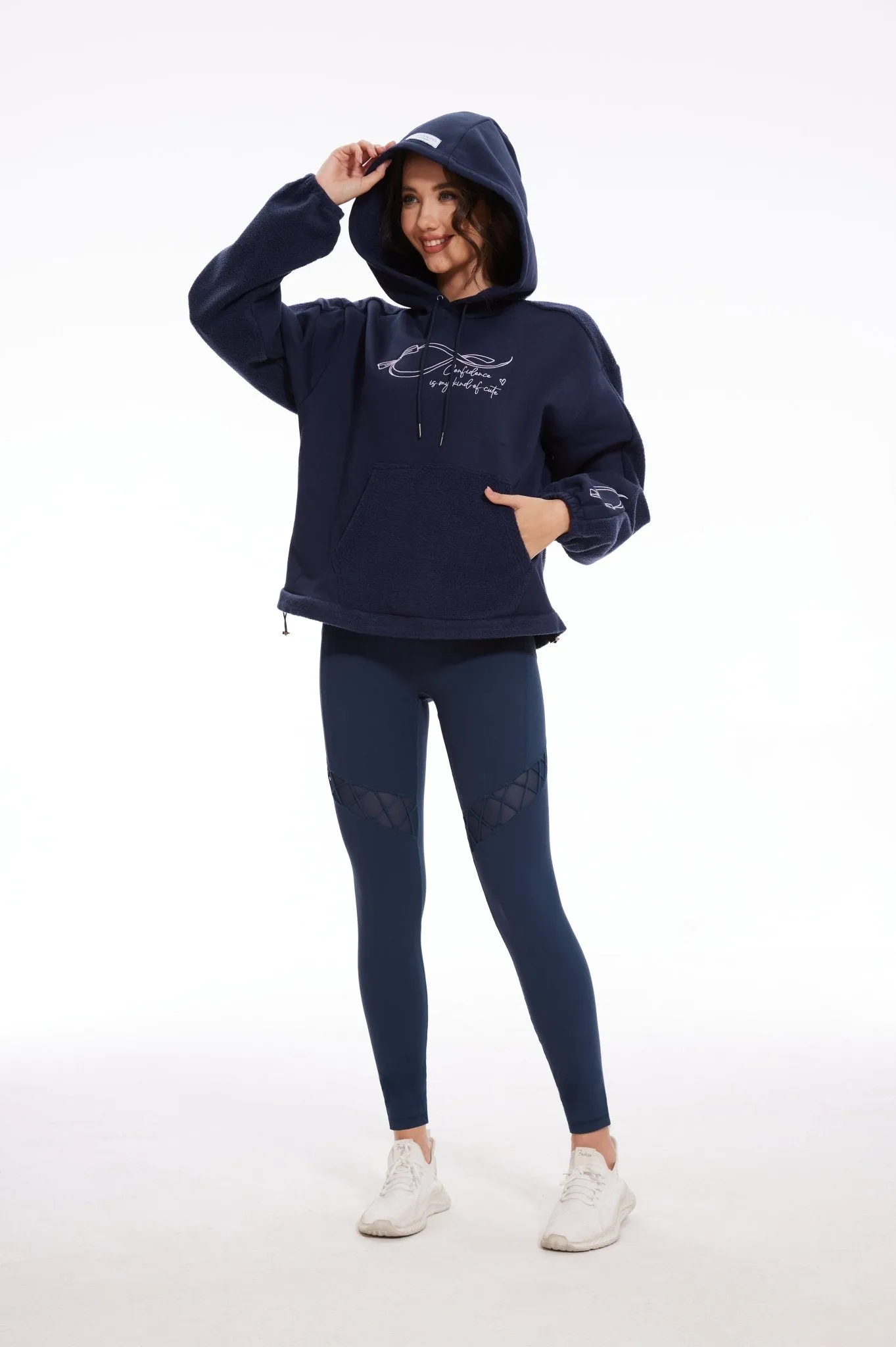 Ribbon Dropped Shoulder Loose Kangaroo Hooded Fleece Sweatshirt - Navy Blue