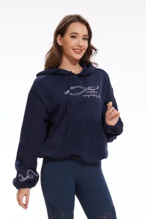 Ribbon Dropped Shoulder Loose Kangaroo Hooded Fleece Sweatshirt - Navy Blue