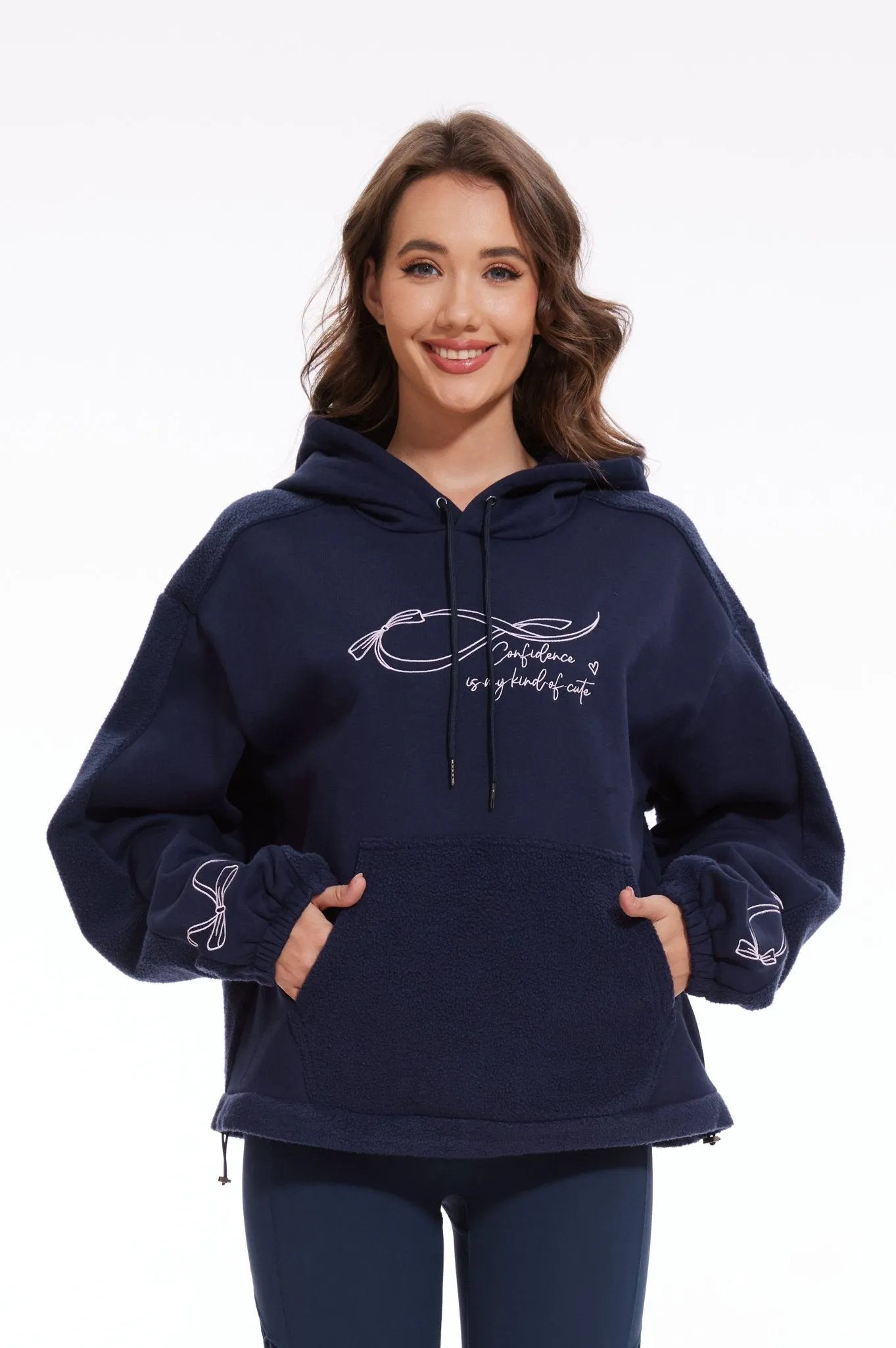 Ribbon Dropped Shoulder Loose Kangaroo Hooded Fleece Sweatshirt - Navy Blue